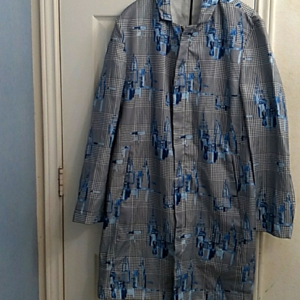 Unique Plaid Coat with Blue Abstract‎ Pattern Long Sleeve Button-Up Outerwear
